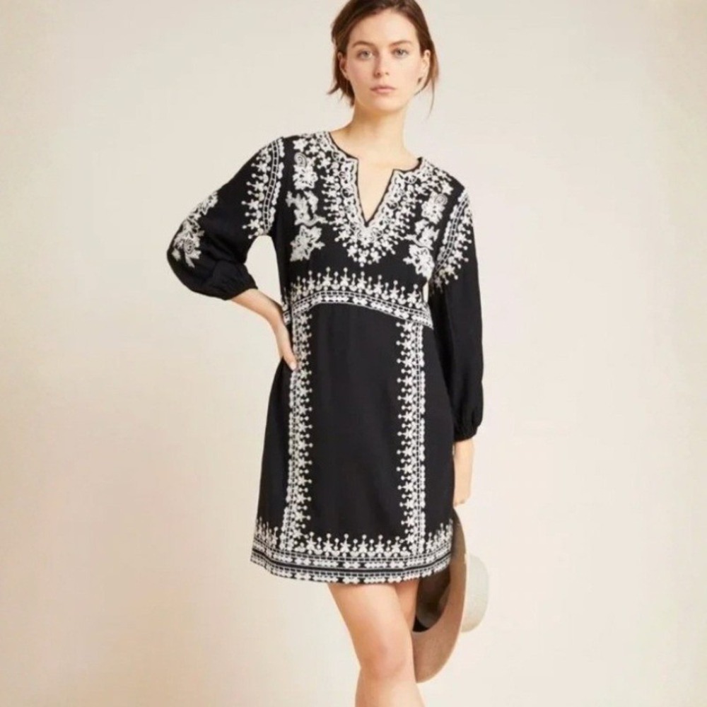 Anthropologie Maeve Shiloh Embroidered Tunic Dress Floral Shift Size 10
